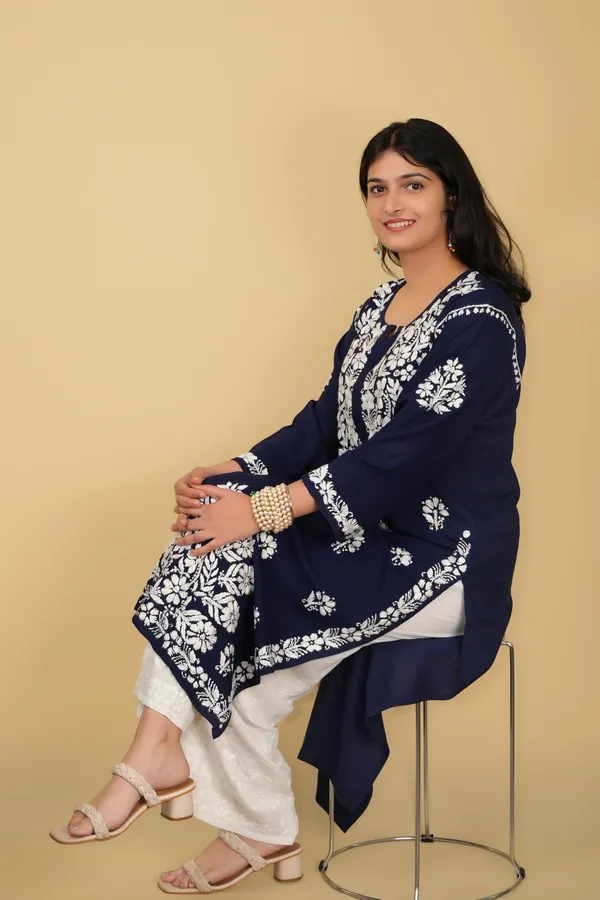 Khushi_Navy_Blue_Rayon_Lucknowi_Chikankari_Hand_Embroided_Kurti_For_Women