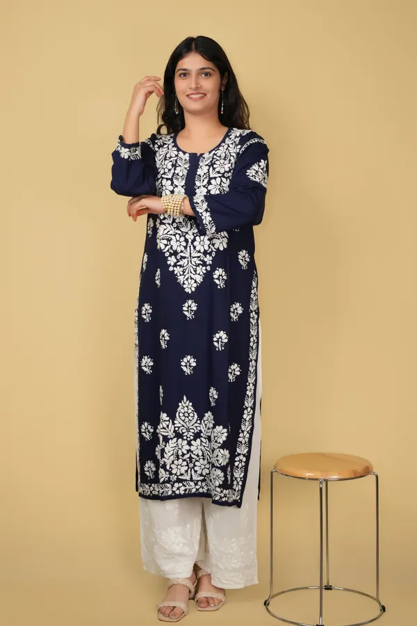 Khushi_Navy_Blue_Rayon_Lucknowi_Chikankari_Hand_Embroided_Kurti_For_Women