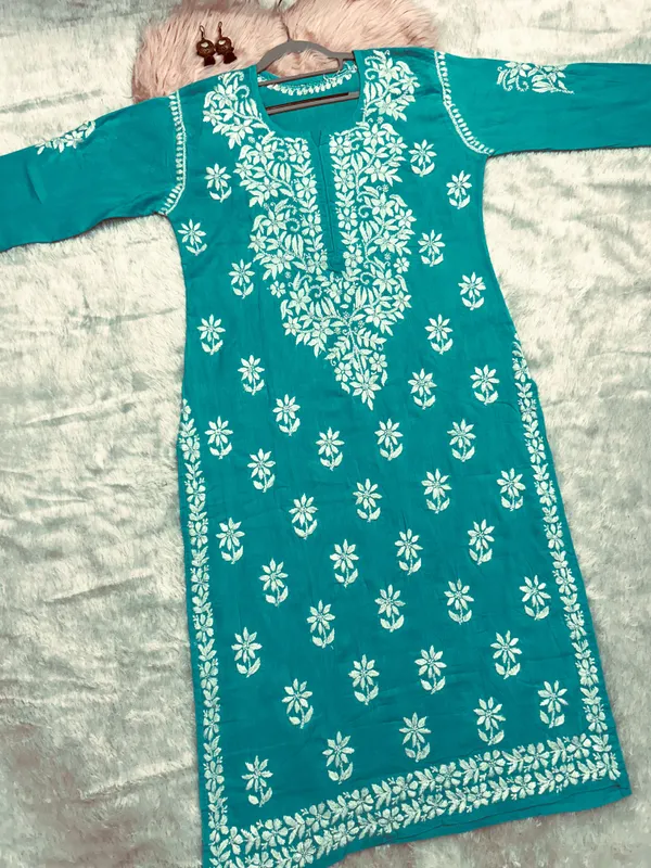 Sea_Green_Cotton_Lucknowi_Chikankari_Hand_Embroided_Kurti_For_Women
