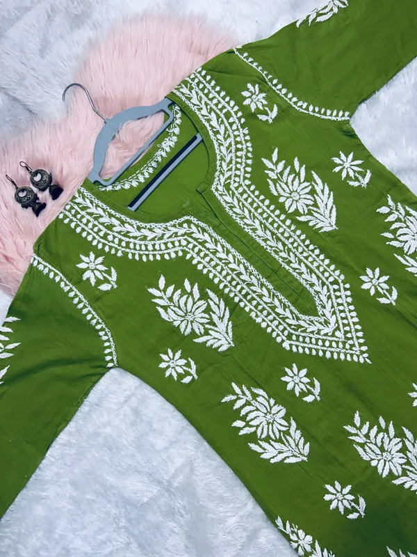 Green_Cotton_Lucknowi_Chikankari_Hand_Embroided_Kurti_For_Women
