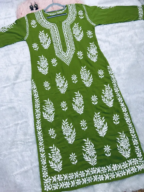 Green_Cotton_Lucknowi_Chikankari_Hand_Embroided_Kurti_For_Women