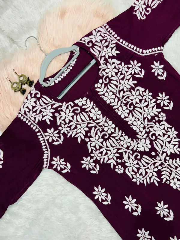 Wine_Cotton_Lucknowi_Chikankari_Hand_Embroided_Kurti_For_Women
