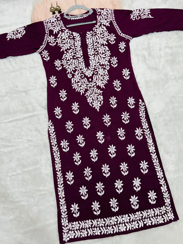 Wine_Cotton_Lucknowi_Chikankari_Hand_Embroided_Kurti_For_Women