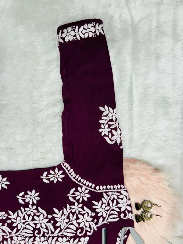 Wine_Cotton_Lucknowi_Chikankari_Hand_Embroided_Kurti_For_Women