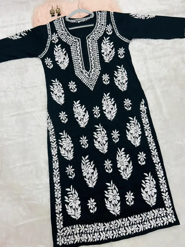 Black_Cotton_Lucknowi_Chikankari_Hand_Embroided_Kurti_For_Women
