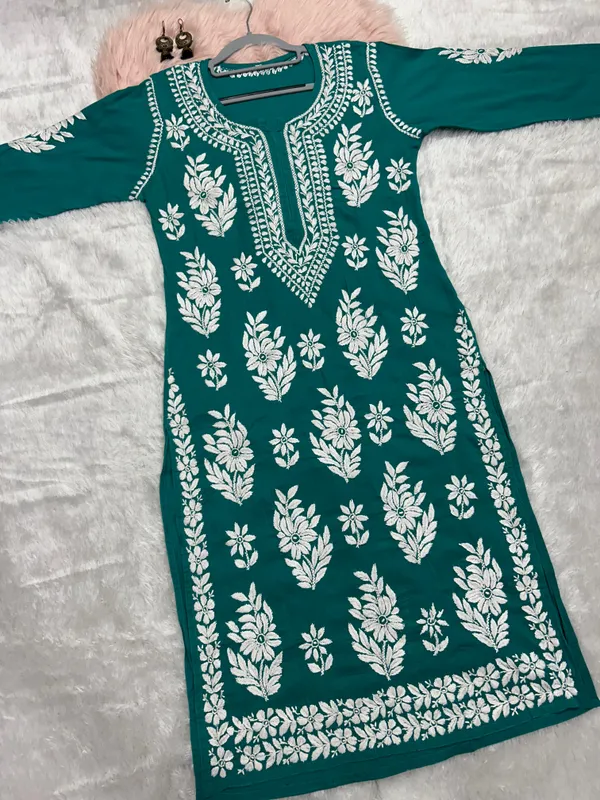 Sea_Green_Cotton_Lucknowi_Chikankari_Hand_Embroided_Kurti_For_Women
