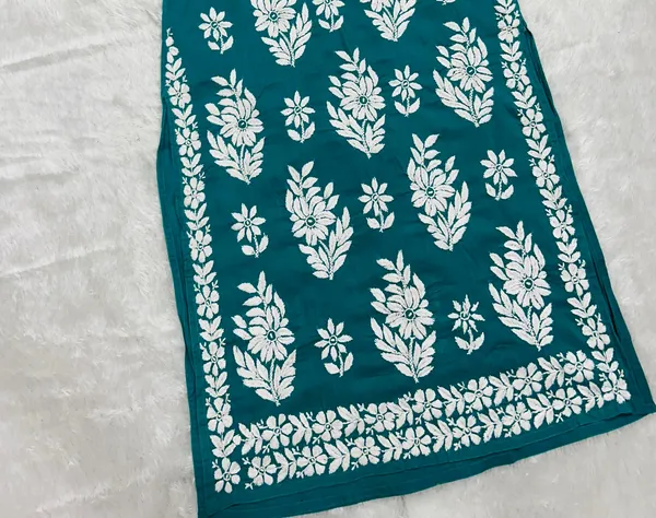 Sea_Green_Cotton_Lucknowi_Chikankari_Hand_Embroided_Kurti_For_Women