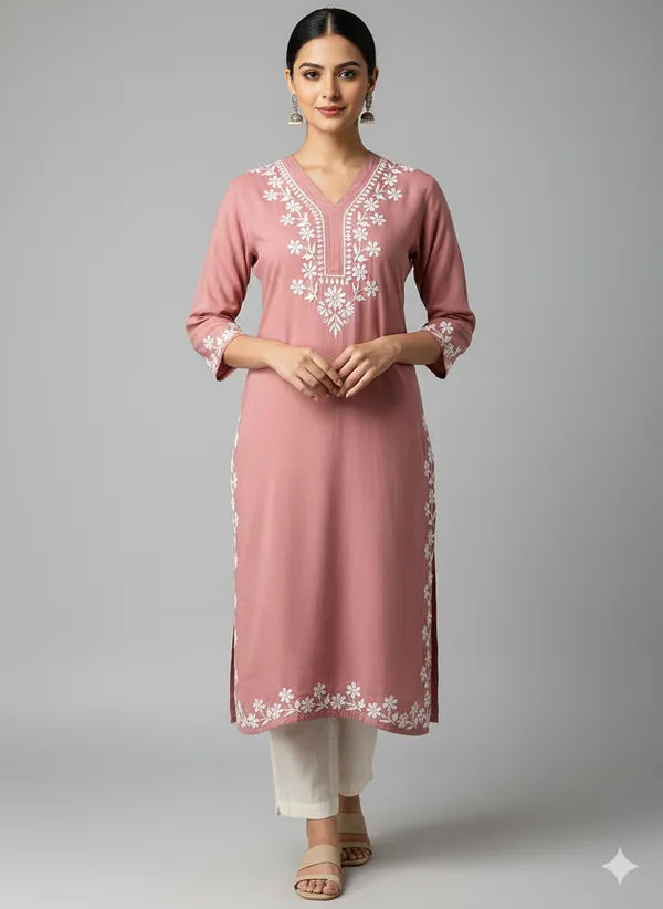 Rayon_Chikankari_Kurti_with_Stylish_V-Neck_|_Hand_Embroidered_Lucknowi_Kurta