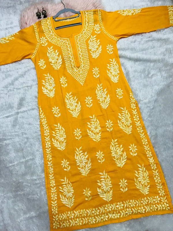 Yellow_Cotton_Lucknowi_Chikankari_Hand_Embroided_Kurti_For_Women