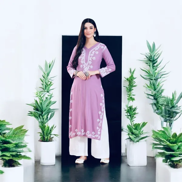 Rayon_Chikankari_Kurti_with_Stylish_V-Neck_|_Hand_Embroidered_Lucknowi_Kurta