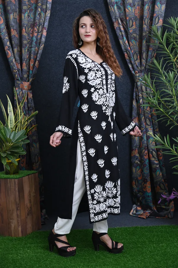 Black_Modal_Lucknowi_Chikankari_Hand_Embroided_Kurta_For_Women