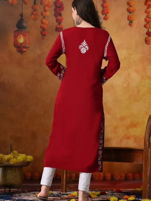 Rayon_Chikankari_Kurti_with_Stylish_V-Neck_|_Hand_Embroidered_Lucknowi_Kurta
