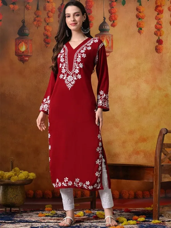 Rayon_Chikankari_Kurti_with_Stylish_V-Neck_|_Hand_Embroidered_Lucknowi_Kurta