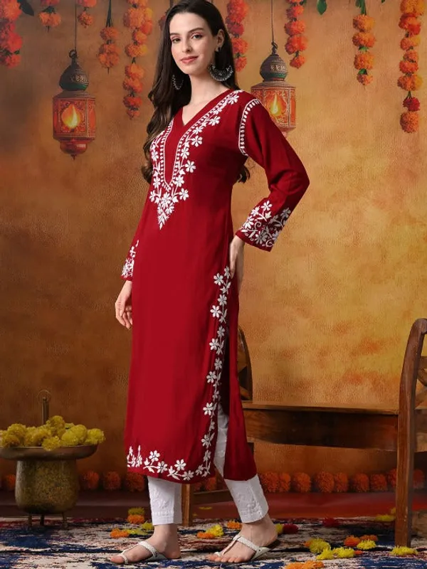 Rayon_Chikankari_Kurti_with_Stylish_V-Neck_|_Hand_Embroidered_Lucknowi_Kurta