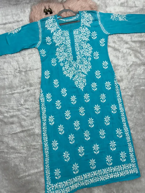 Sky_Blue_Cotton_Lucknowi_Chikankari_Hand_Embroided_Kurti_For_Women