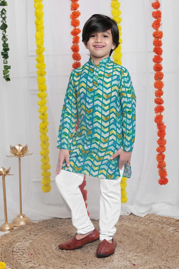 Teal_Blue_A_Line_Regular_Fit_Kurta_With_Pyjama_Set_For_Boys
