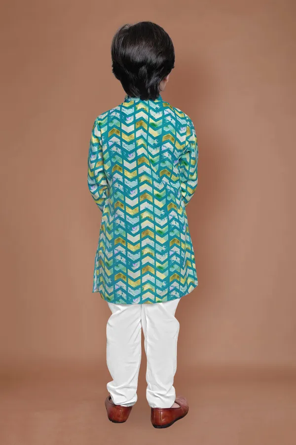 Teal_Blue_A_Line_Regular_Fit_Kurta_With_Pyjama_Set_For_Boys