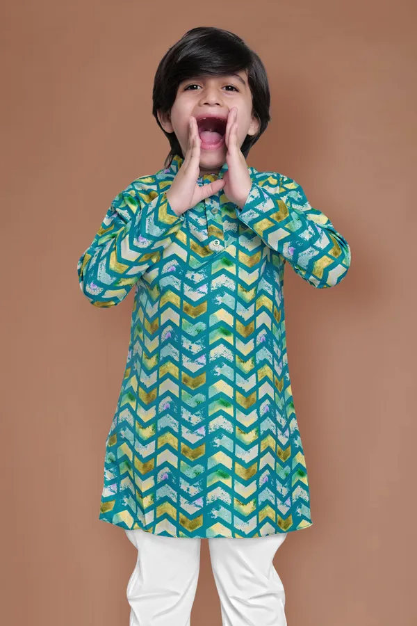 Teal_Blue_A_Line_Regular_Fit_Kurta_With_Pyjama_Set_For_Boys