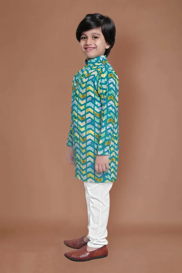 Teal_Blue_A_Line_Regular_Fit_Kurta_With_Pyjama_Set_For_Boys