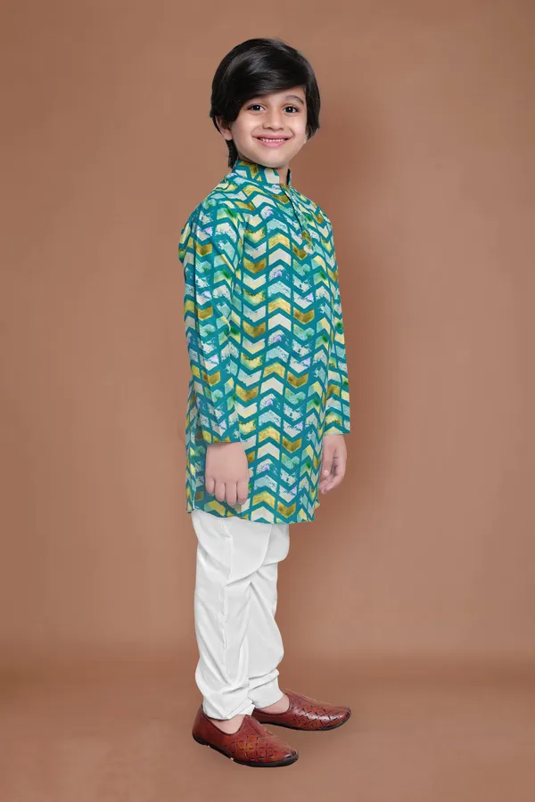 Teal_Blue_A_Line_Regular_Fit_Kurta_With_Pyjama_Set_For_Boys