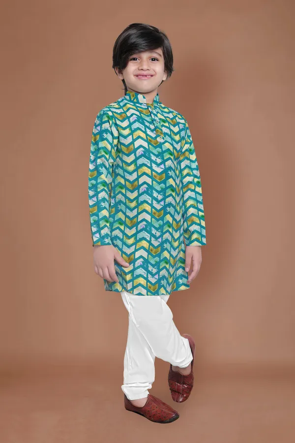 Teal_Blue_A_Line_Regular_Fit_Kurta_With_Pyjama_Set_For_Boys