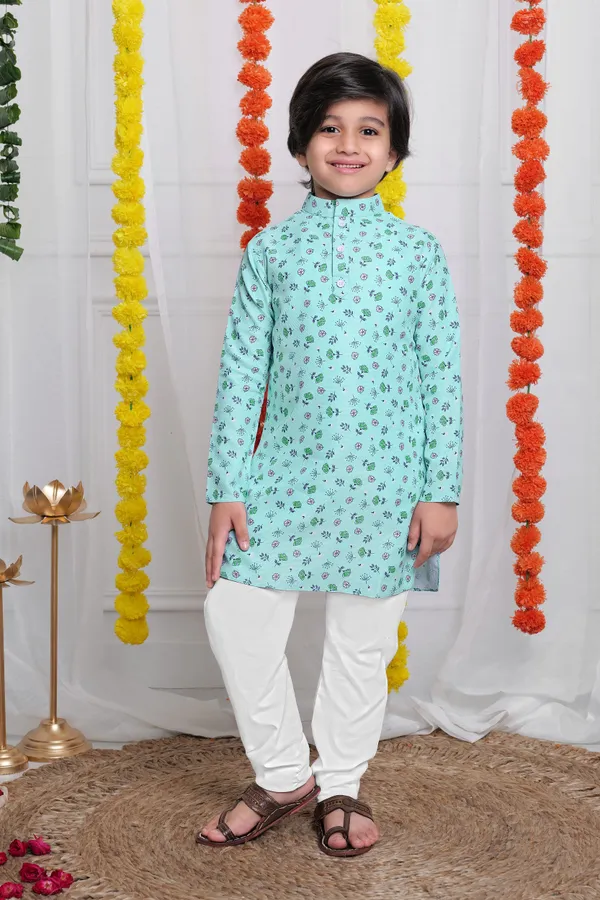 Turquoise_A_Line_Kurta_With_Pyjama_Set_For_Boys