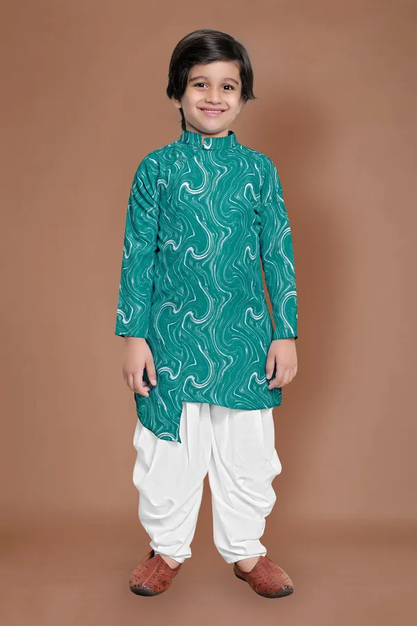 Green_Asymmetric_Kurta_With_Dhoti_Set_For_Boys