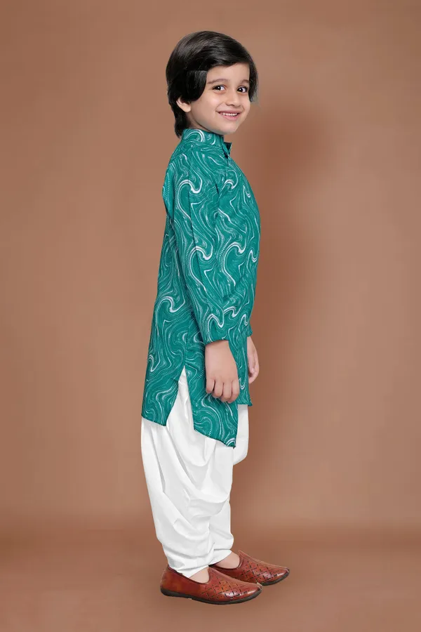 Green_Asymmetric_Kurta_With_Dhoti_Set_For_Boys