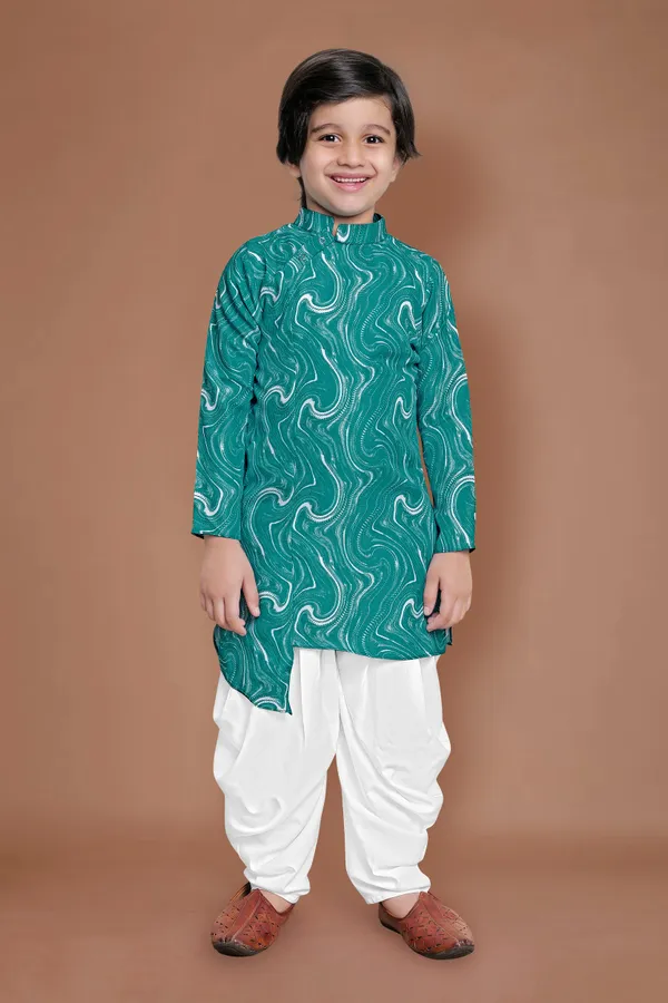 Green_Asymmetric_Kurta_With_Dhoti_Set_For_Boys