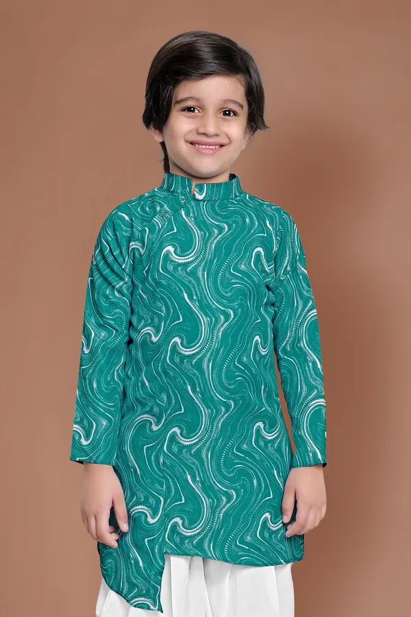 Green_Asymmetric_Kurta_With_Dhoti_Set_For_Boys