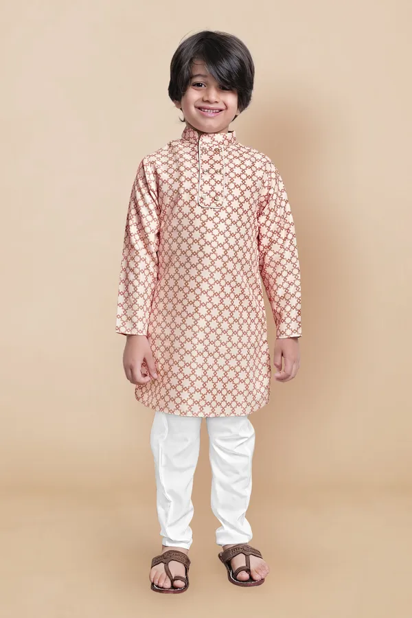 Cream_Geometric_Printed_Kurta_With_Payjama_Set_For_Boys