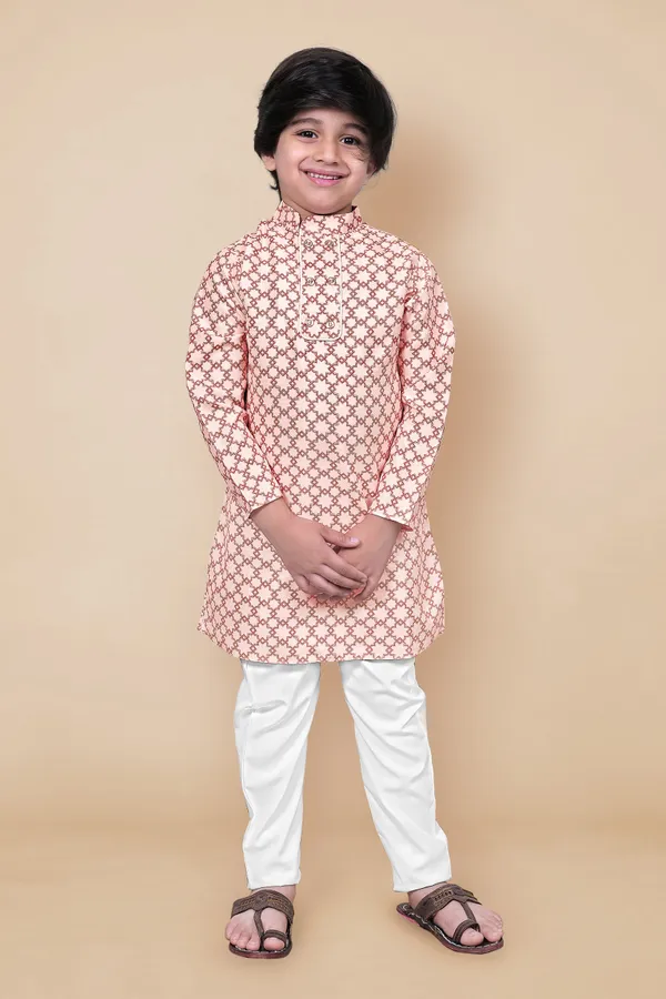 Cream_Geometric_Printed_Kurta_With_Payjama_Set_For_Boys