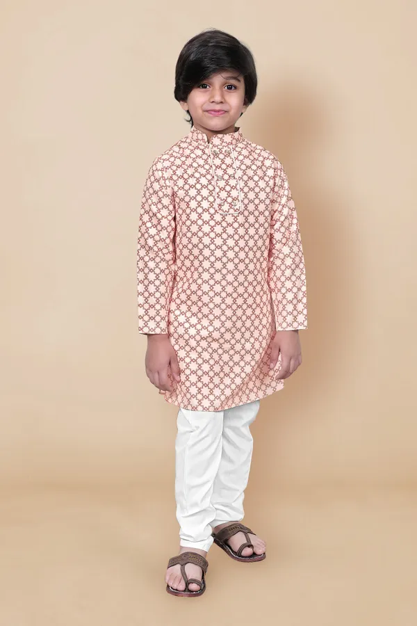 Cream_Geometric_Printed_Kurta_With_Payjama_Set_For_Boys