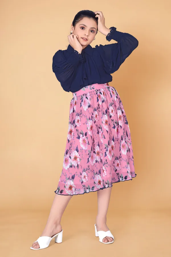 Navy_Blue_Georgette_Top_With_Accordion_Pleated_Skirt_Clothing_Set_For_Girls