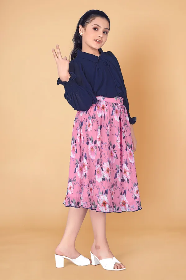 Navy_Blue_Georgette_Top_With_Accordion_Pleated_Skirt_Clothing_Set_For_Girls