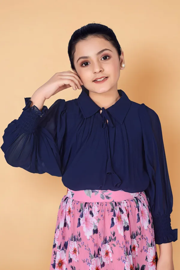 Navy_Blue_Georgette_Top_With_Accordion_Pleated_Skirt_Clothing_Set_For_Girls