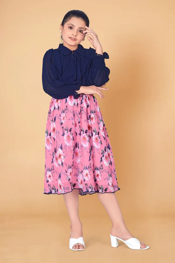 Navy_Blue_Georgette_Top_With_Accordion_Pleated_Skirt_Clothing_Set_For_Girls