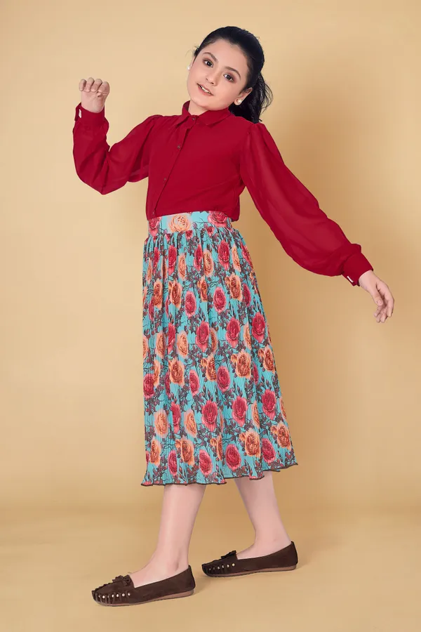 Red_Georgette_Shirt_With_Pleated_Skirt_Clothing_Set_For_Girls