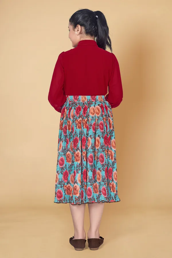 Red_Georgette_Shirt_With_Pleated_Skirt_Clothing_Set_For_Girls