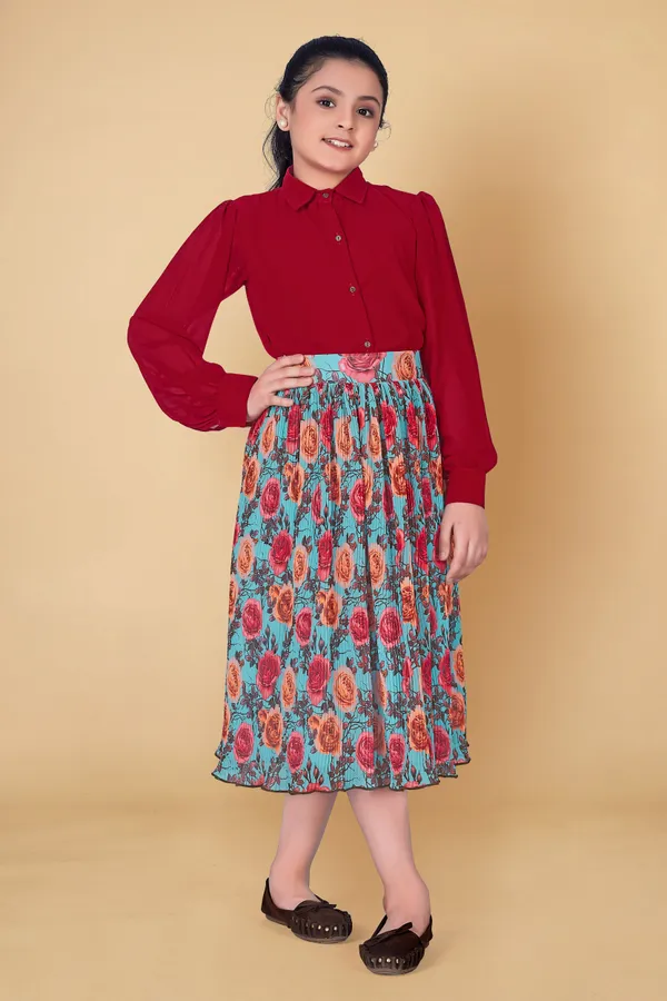 Red_Georgette_Shirt_With_Pleated_Skirt_Clothing_Set_For_Girls