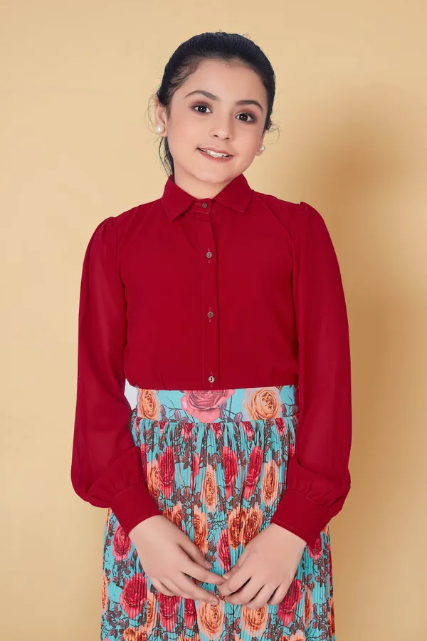Red_Georgette_Shirt_With_Pleated_Skirt_Clothing_Set_For_Girls