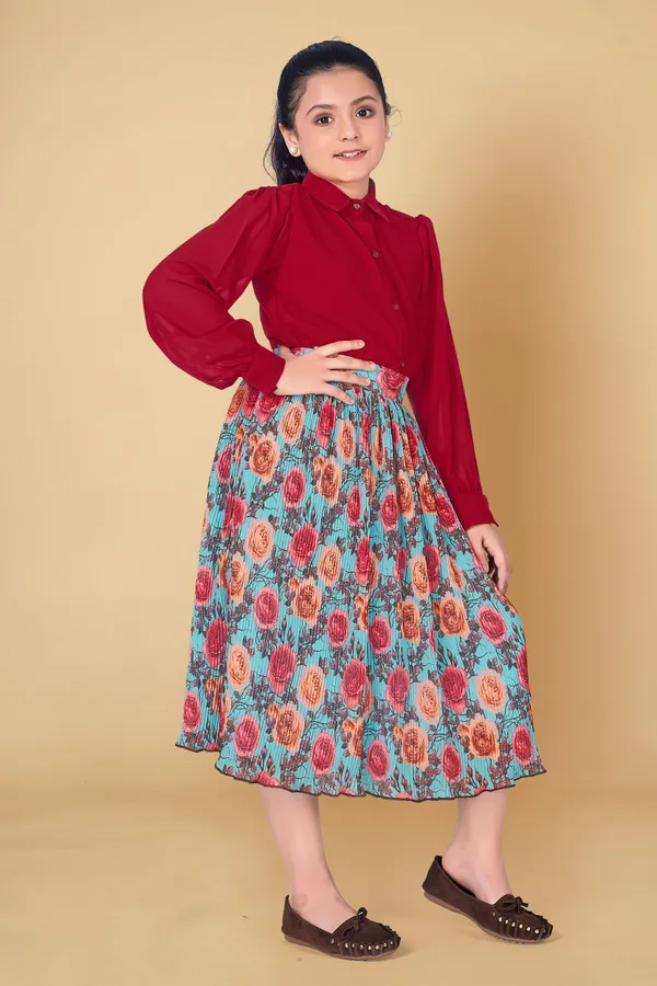Red_Georgette_Shirt_With_Pleated_Skirt_Clothing_Set_For_Girls