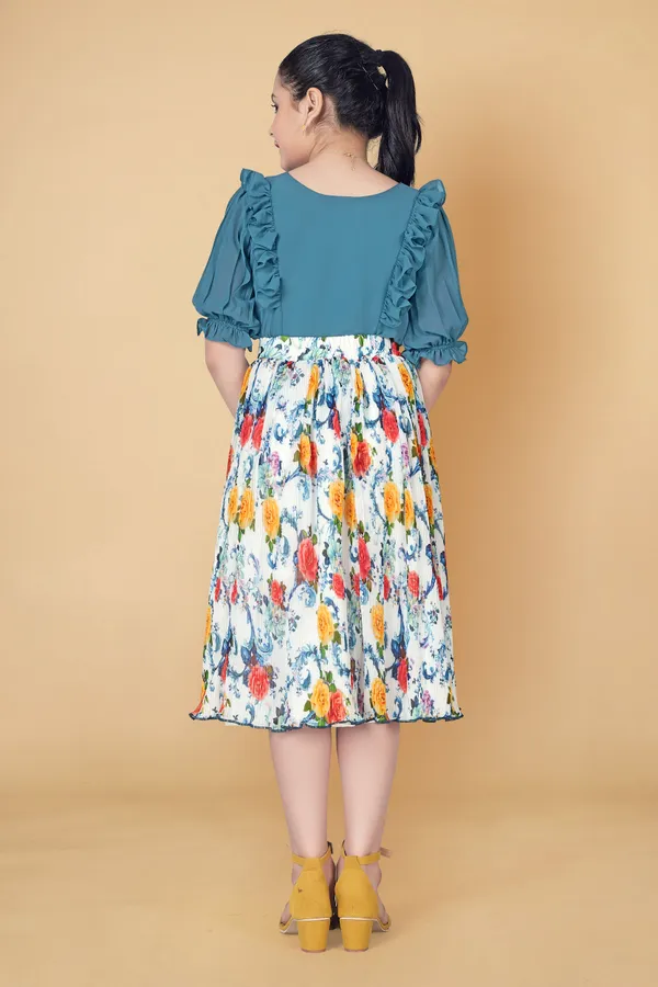 Teal_Blue_Georgette_Top_With_Accordion_Pleated_Skirt_Clothing_Set_For_Girls