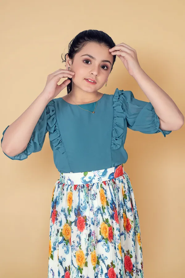 Teal_Blue_Georgette_Top_With_Accordion_Pleated_Skirt_Clothing_Set_For_Girls