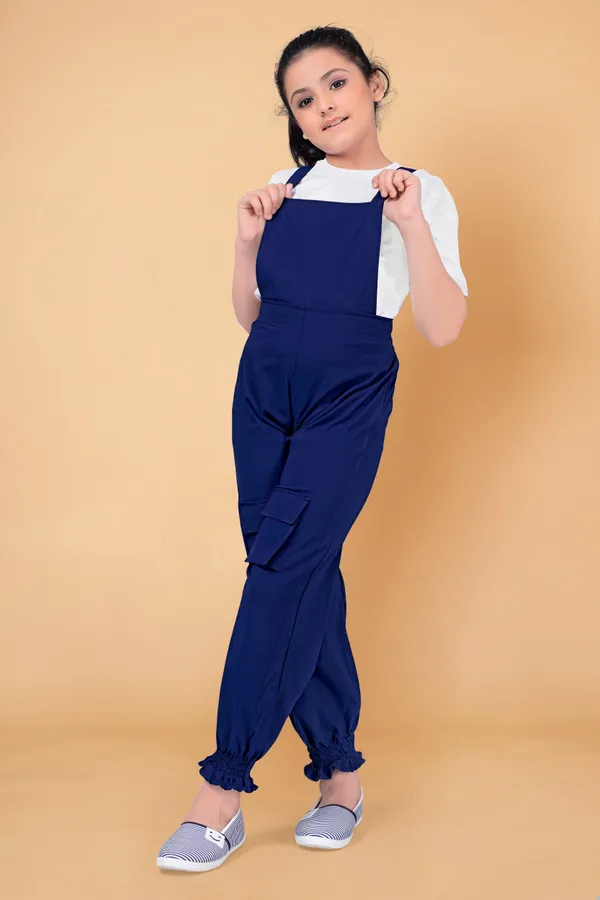Navy_Blue_Polyester_Lycra_Solid_Top_With_Strappy_Dungaree_Set_For_Girls
