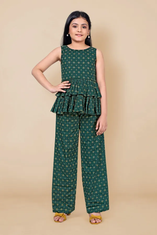 Dark_Green_Cotton_Ethnic_Motif_Print_Layered_Top_And_Pant_Set_For_Girls