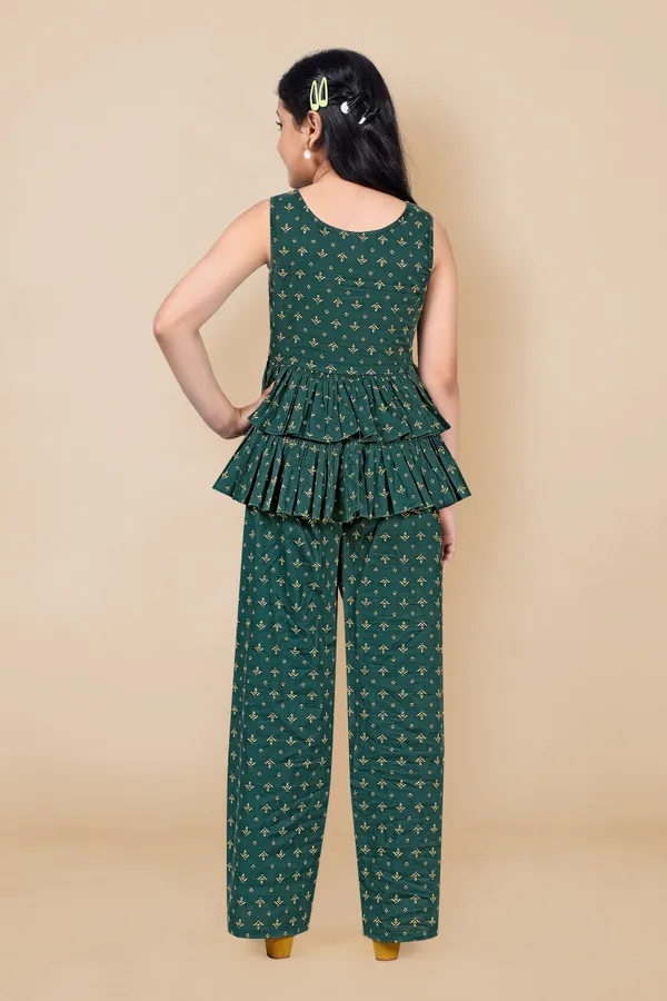 Dark_Green_Cotton_Ethnic_Motif_Print_Layered_Top_And_Pant_Set_For_Girls