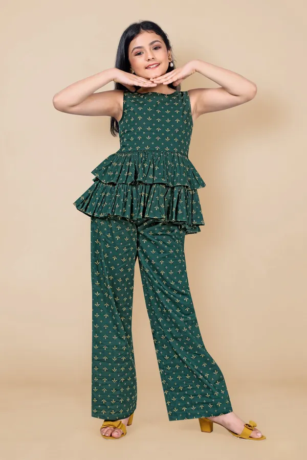 Dark_Green_Cotton_Ethnic_Motif_Print_Layered_Top_And_Pant_Set_For_Girls