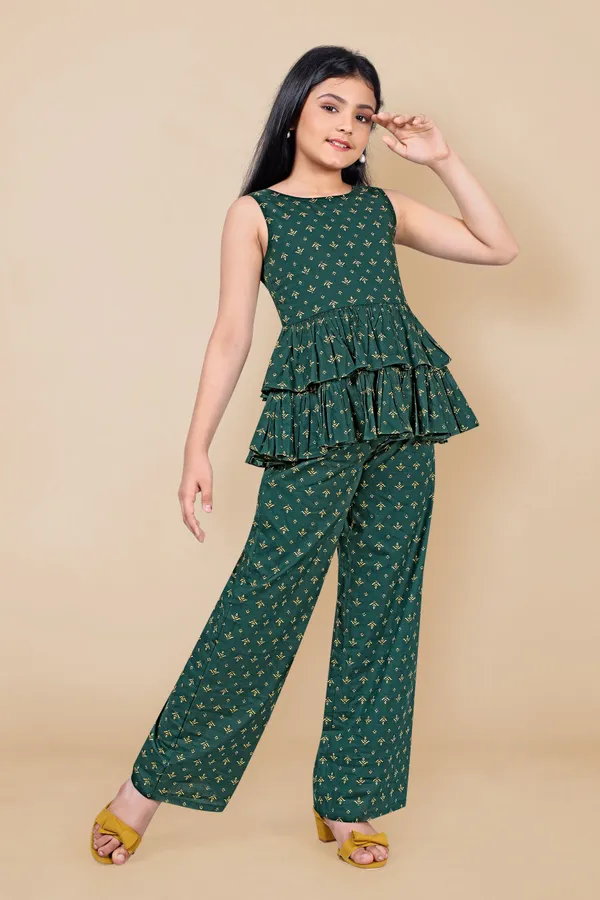 Dark_Green_Cotton_Ethnic_Motif_Print_Layered_Top_And_Pant_Set_For_Girls