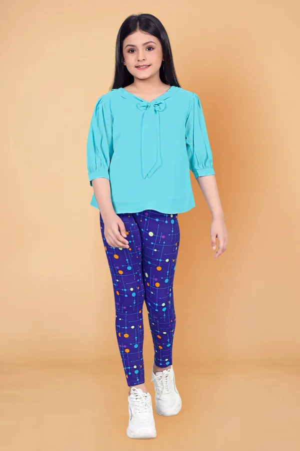 Sky_Blue_Solid_Georgette_Top_With_Colorful_Dot_Printed_Jaggings_Apparel_Combo_Set_For_Girls